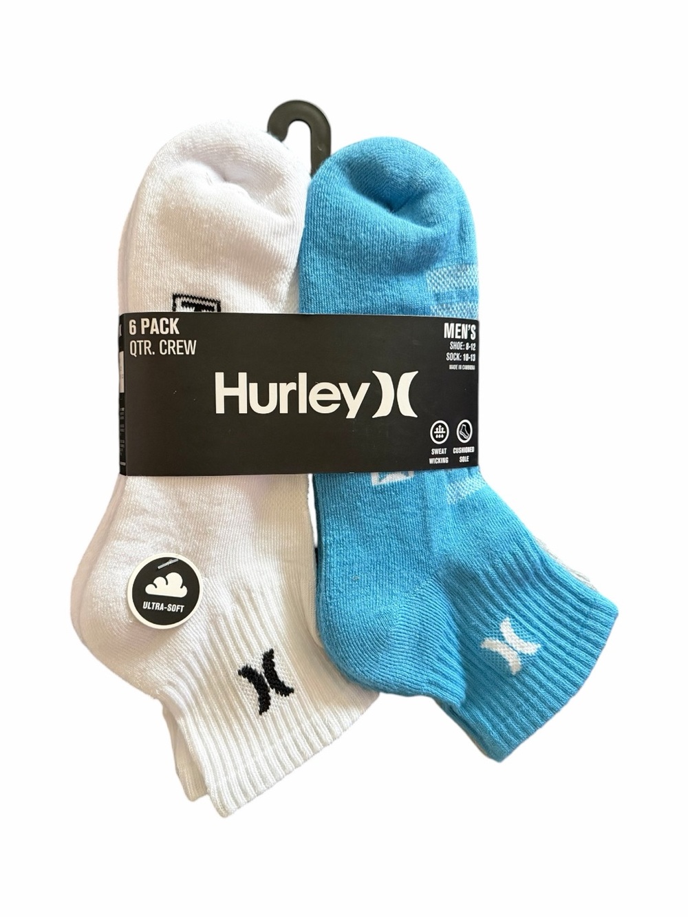 NWT-Hurley Men’s Quarter Crew Socks - White, Blue  & gray, 6 Pack